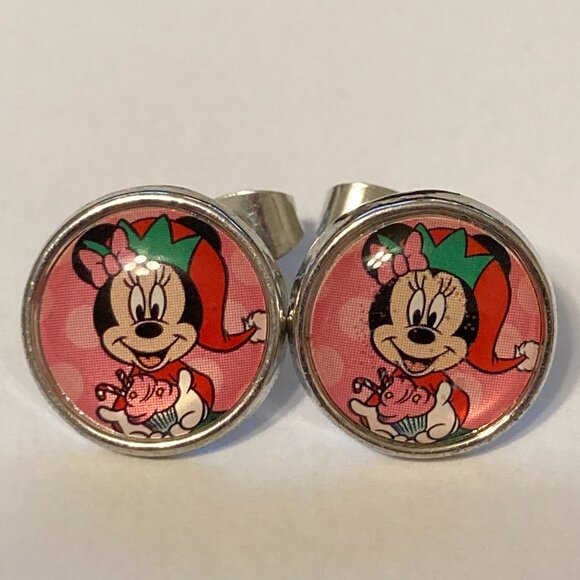Disney Minnie Mouse Santa Christmas Earrings Silver Tone Hypoallergenic Posts - Picture 4 of 9